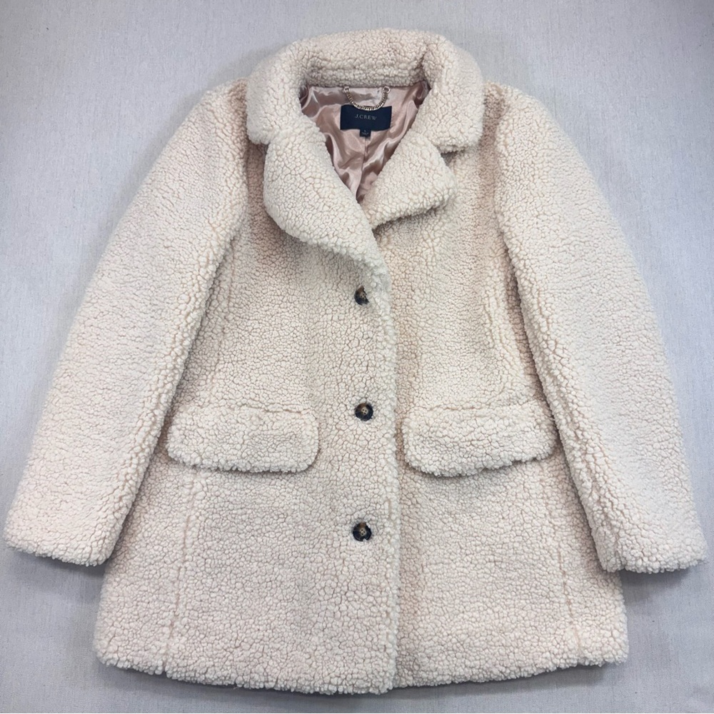 J.Crew Teddy Sherpa Jacket Womens Size L Ivory High Pile Heavy Lined Coat
